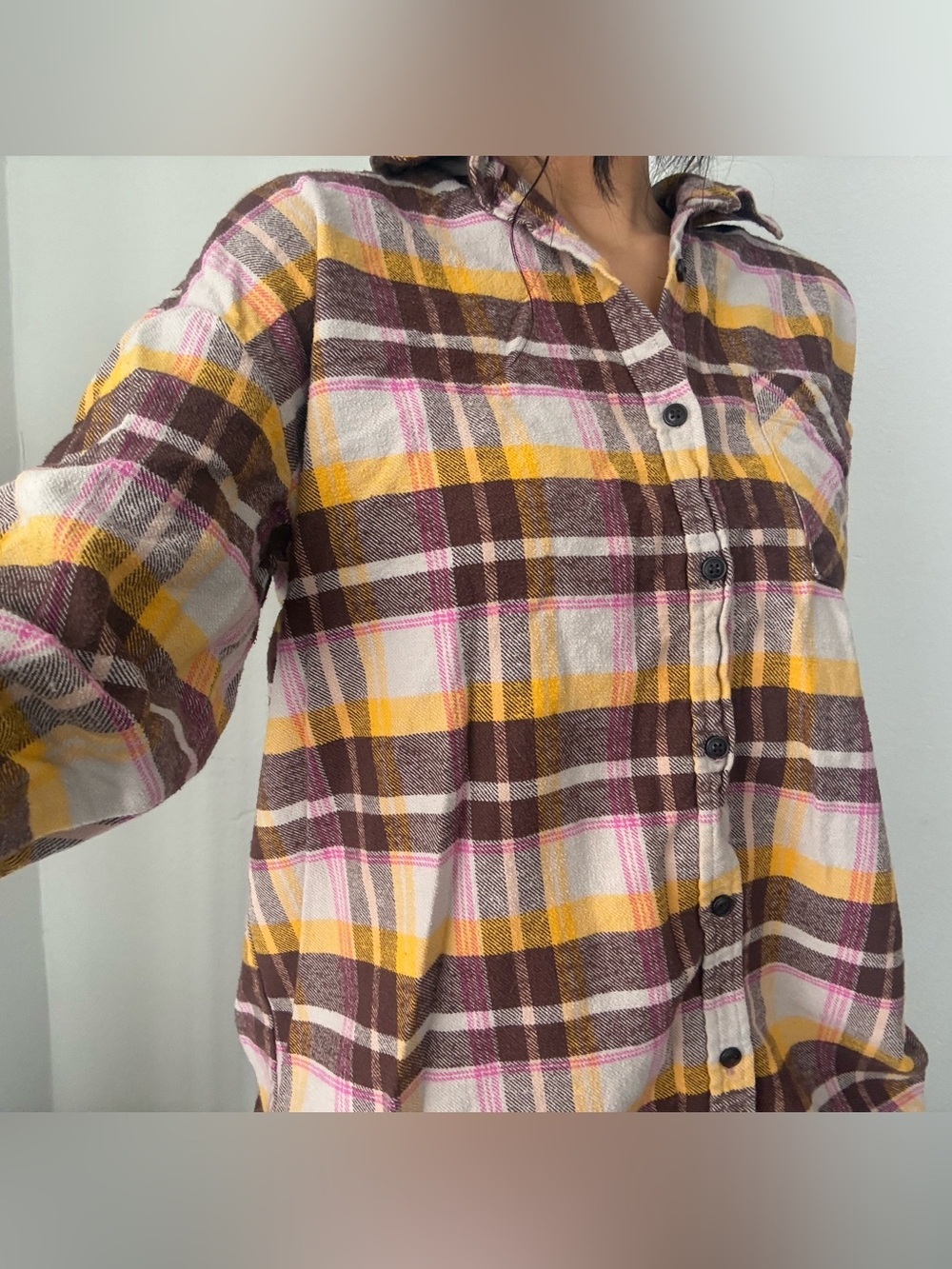 wild fable Plaid Button-Up Shirt in Brown, Yellow & Pink